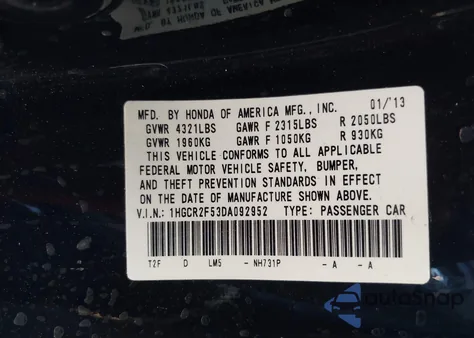 2013 Honda Accord Sport из США, поврежденный, VIN 1HGCR2F53DA092952